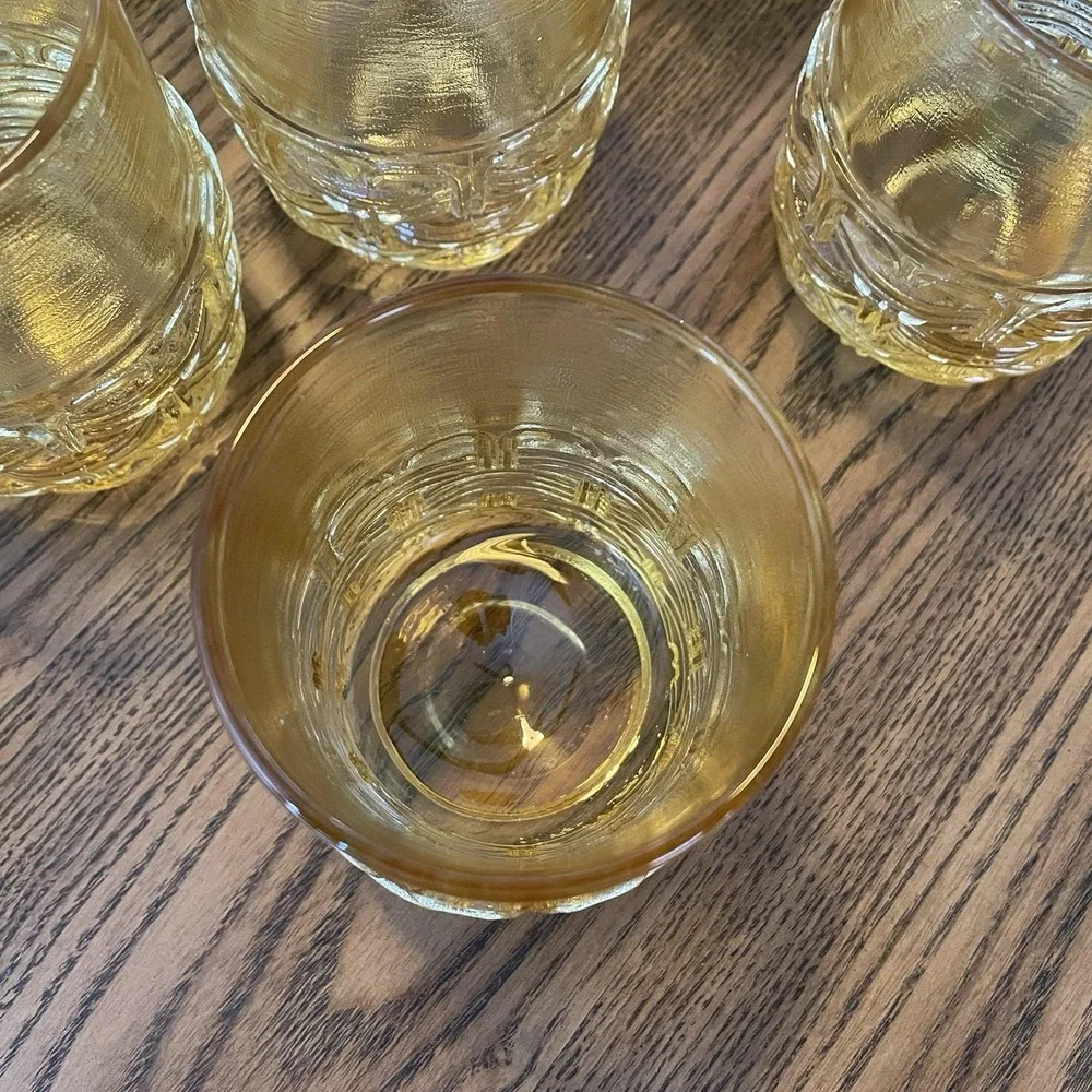 Vintage LE Smith Glass Amber Yellow Wicker Basket Set of 8 Old Fashioned Glasses